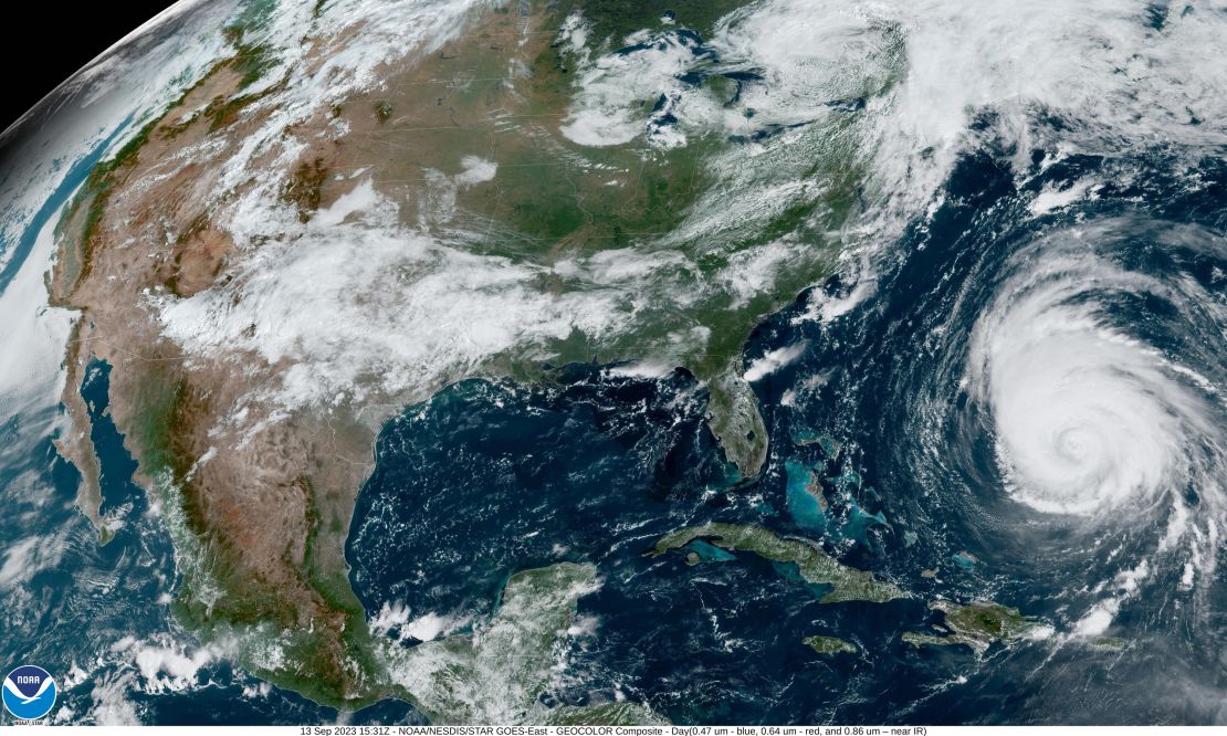 A satellite image of Hurricane Lee on Wednesday which shows its tremendous size relative to the US. 