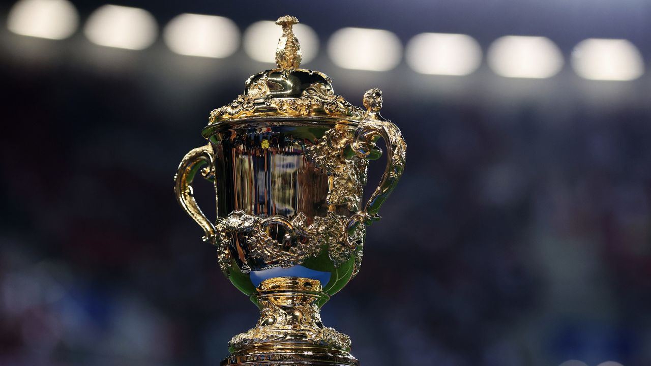 BORDEAUX, FRANCE - SEPTEMBER 10: A detailed view of The Webb Ellis Cup prior to the Rugby World Cup France 2023 match between Wales and Fiji at Nouveau Stade de Bordeaux on September 10, 2023 in Bordeaux, France. (Photo by Alex Livesey/Getty Images)