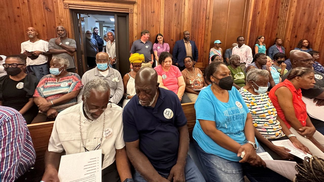Residents, landowners and supporters of the Hogg Hummock community on Sapelo Island fill a courtroom in Darien, Georgia, on September 12, 2023, as McIntosh County commissioners meet to approve the zoning changes.