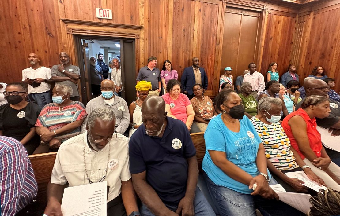 Residents, landowners and supporters of the Hogg Hummock community on Sapelo Island fill a courtroom in Darien, Georgia, on September 12, 2023, as McIntosh County commissioners meet to approve the zoning changes.