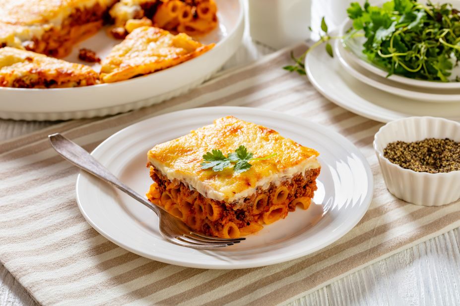 <strong>Pastitsio (Παστίτσιο): </strong>While this baked pasta dish looks like moussaka, the air trapped along the macaroni renders it a lighter meal.