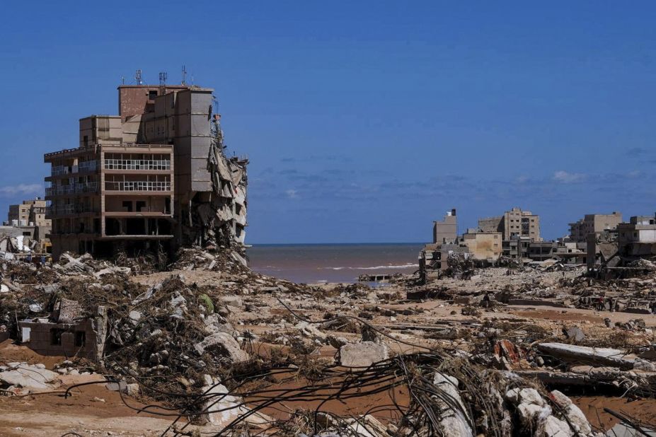 Buildings are damaged in Derna on September 13.