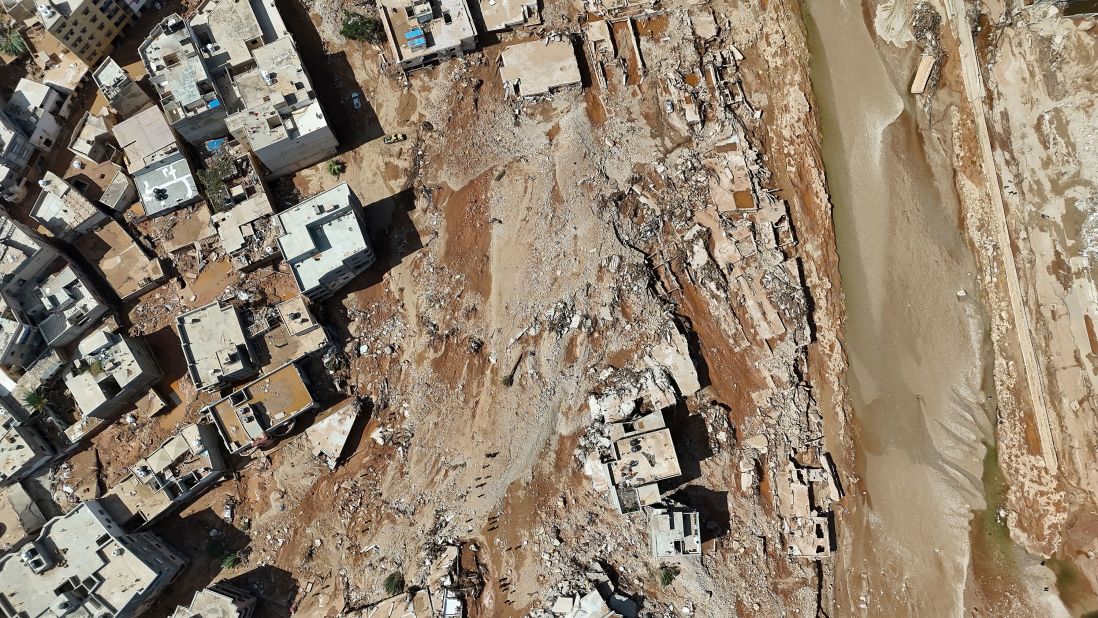 An overhead view of the flood damage in Derna on Wednesday, September 13.