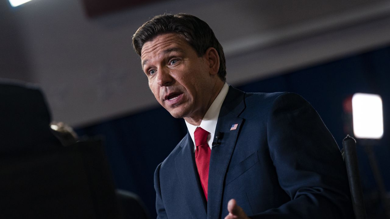 Ron DeSantis, governor of Florida and 2024 Republican presidential candidate, speaks during an interview with Sean Hannity, host of the Sean Hannity Show, not pictured, in the spin room following the Republican primary presidential debate hosted by Fox News in Milwaukee, Wisconsin, US, on Wednesday, Aug. 23, 2023. Republican presidential contenders are facing off in their first debate of the primary season, minus frontrunner Donald Trump, who continues to lead his GOP rivals by a double-digit margin. Photographer: Al Drago/Bloomberg via Getty Images