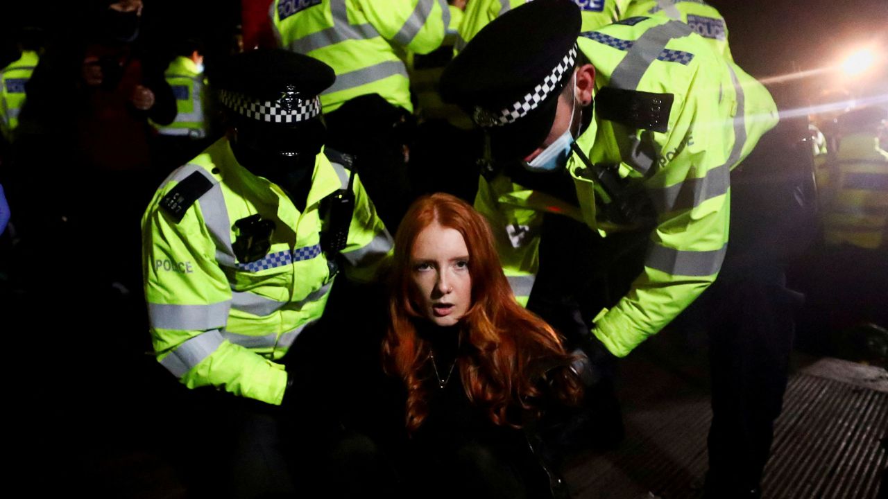 Police detain Patsy Stevenson at the 2021 vigil on London's Clapham Common. 
