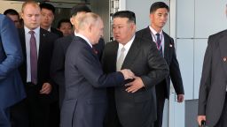 North Korean leader Kim Jong Un and Russia's President Vladimir Putin talk during a tour, in Russia, September 13, 2023 in this image released by North Korea's Korean Central News Agency. 
