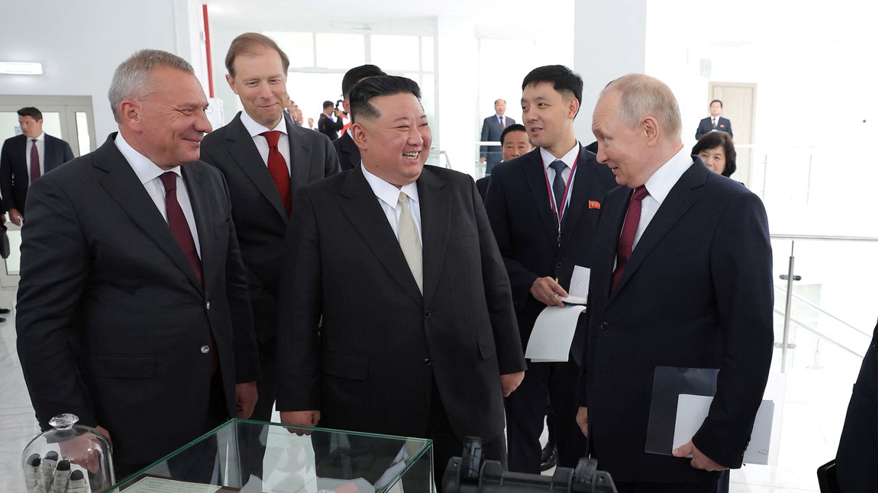 North Korean leader Kim Jong Un and Russia's President Vladimir Putin talk during a tour, in Russia, September 13, 2023 in this image released by North Korea's Korean Central News Agency. 