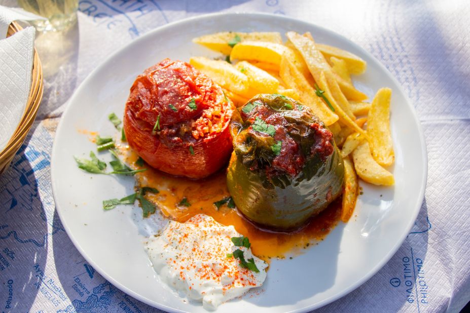 <strong>Gemista (Γεμιστά): </strong>Here peppers and tomatoes are stuffed with a mixture of cooked rice, onions and aromatic herbs before being baked.