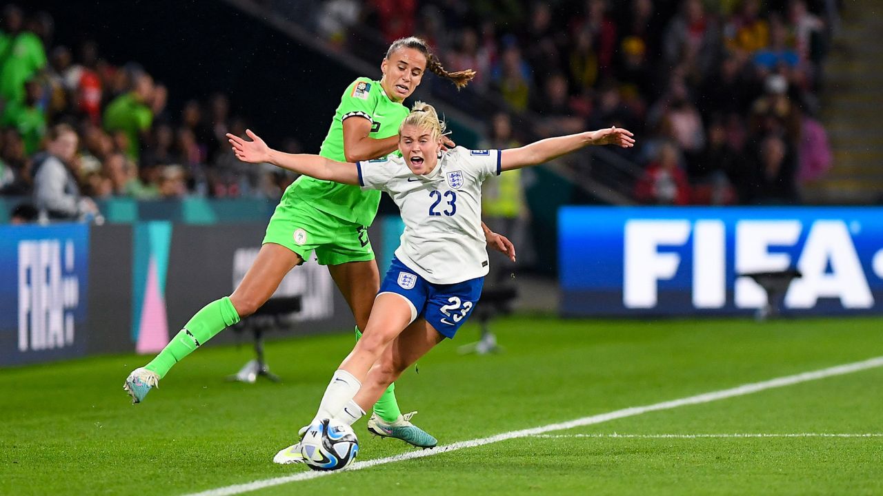 Queensland , Australia - 7 August 2023; Alessia Russo of England in action against Ashleigh Plumptre of Nigeria during the FIFA Women's World Cup 2023 Round of 16 match between England and Nigeria at Brisbane Stadium in Brisbane, Australia. (Photo By Mick O'Shea/Sportsfile via Getty Images)