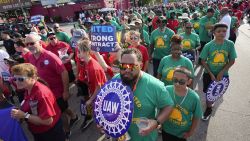 File - United Auto Workers members walk in the Labor Day parade in Detroit on Sept. 4, 2023. The union is threatening to strike any automaker that hasn't reached an agreement by the time contracts expire on Sept. 14. (AP Photo/Paul Sancya, File)