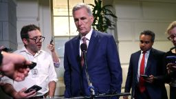 Speaker of the House Kevin McCarthy speaks to reporters as he leaves a House Republican caucus meeting at the Capitol on September 14, 2023 in Washington, DC. 