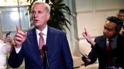 Speaker of the House Kevin McCarthy speaks to reporters as he leaves a House Republican caucus meeting at the U.S. Capitol on September 14, 2023 in Washington, DC.