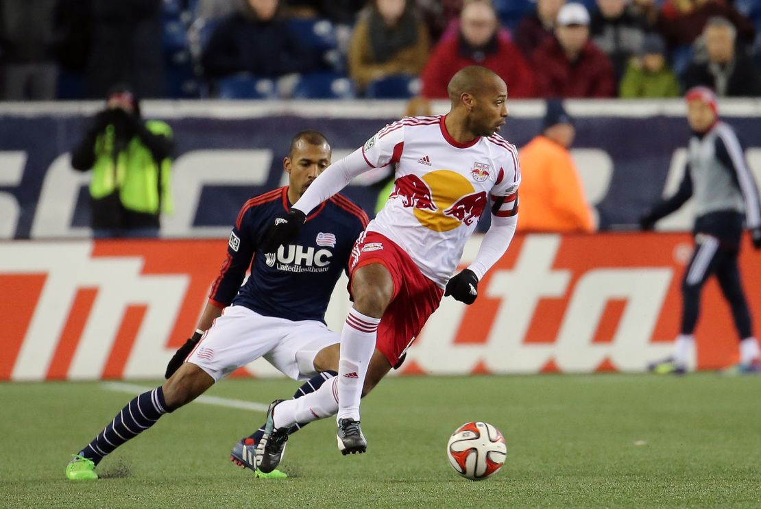 November 29, 2014: New York Red Bulls' Thierry Henry (14) cuts away from New England Revolution's Teal Bunbury (10). The New York Red Bulls and the New England Revolution played to a 2-2 draw in the second leg of the Eastern Conference Finals at Gillette Stadium in Foxborough, MA. New England wins the Eastern Conference Championship and advances to MLS Cup 4-3 on aggregate.  (Icon Sportswire via AP Images)