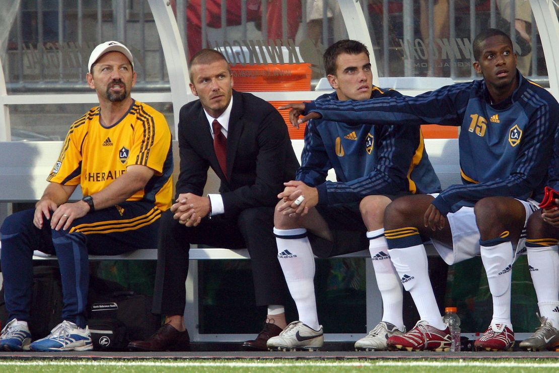 TORONTO - AUGUST 05:  David Beckham (2nd-L) #23,  Steve Cronin #0 and Quavas Kirk #15 of the Los Angeles watch from the bench as they take on Toronto FC at BMO Field on August 5, 2007 in Toronto, Ontario, Canada. Beckham sat the game out due to an ankle injury.  (Photo by Shaun Botterill/Getty Images)