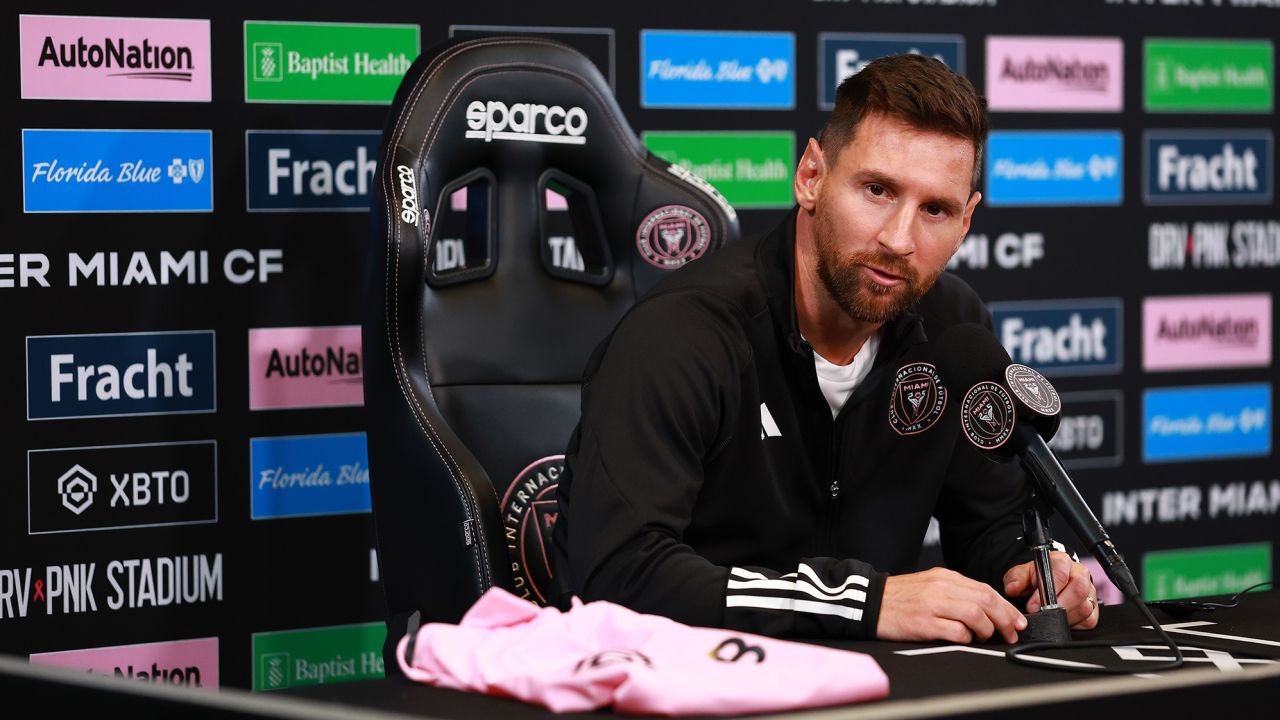 FORT LAUDERDALE, FLORIDA - AUGUST 17: Lionel Messi #10 of Inter Miami CF speaks during a press conference at DRV PNK Stadium on August 17, 2023 in Fort Lauderdale, Florida. (Photo by Megan Briggs/Getty Images)