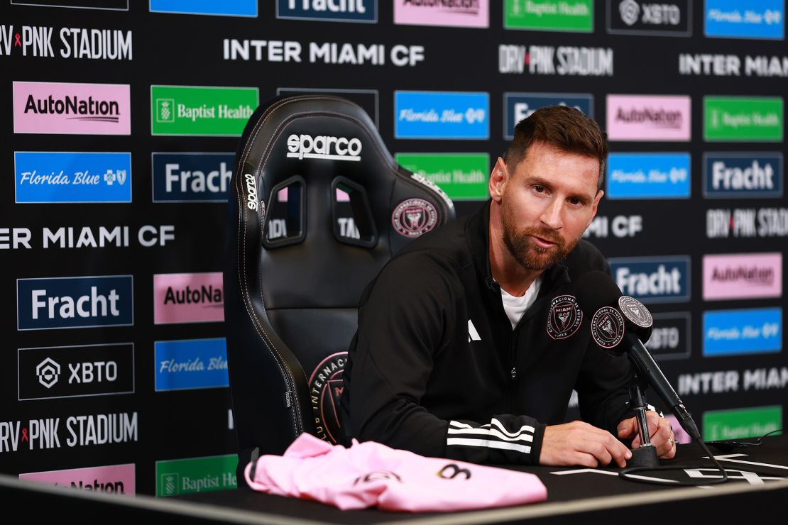 FORT LAUDERDALE, FLORIDA - AUGUST 17: Lionel Messi #10 of Inter Miami CF speaks during a press conference at DRV PNK Stadium on August 17, 2023 in Fort Lauderdale, Florida. (Photo by Megan Briggs/Getty Images)