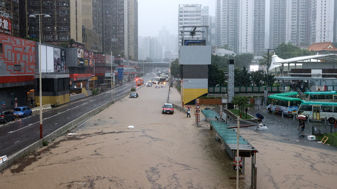 Flooded roads after heavy rains in Hong Kong on September 8.