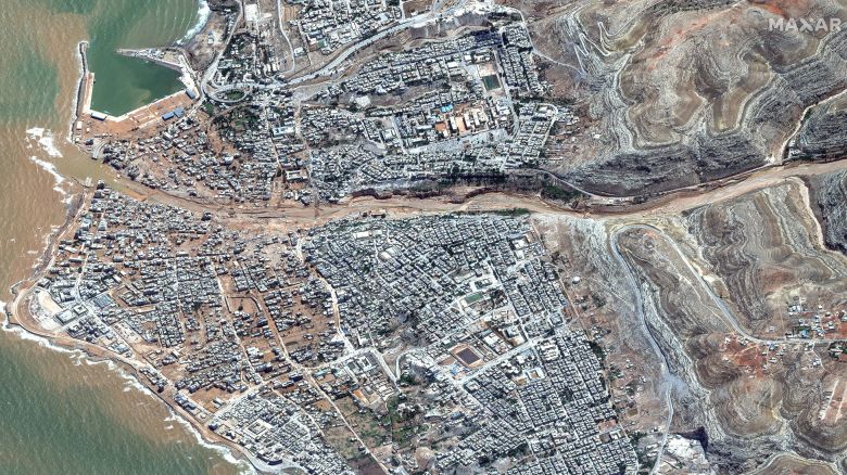 A satellite image shows the town of Derna in the aftermath of the floods in eastern Libya on Wednesday.