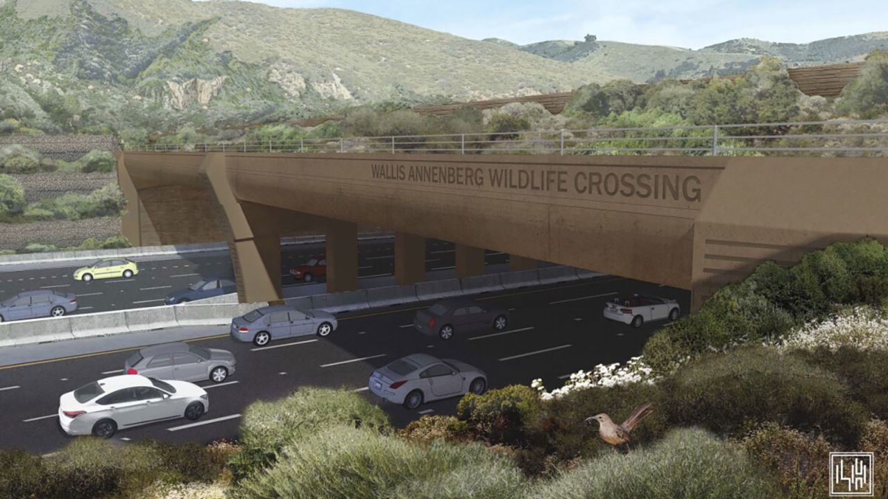 A rendering of the completed Wallis Annenberg Wildlife Overpass