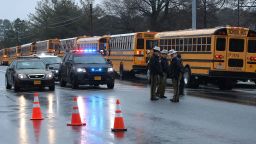 GREAT MILLS, MD - MARCH 20: School buses are lined up in front of Great Mills High School after a shooting on March 20, 2018 in Great Mills, Maryland.  It was reported that  two students at a Maryland high school were injured after a colleague opened fire in the hallway just before classes began. (Photo by Mark Wilson/Getty Images)