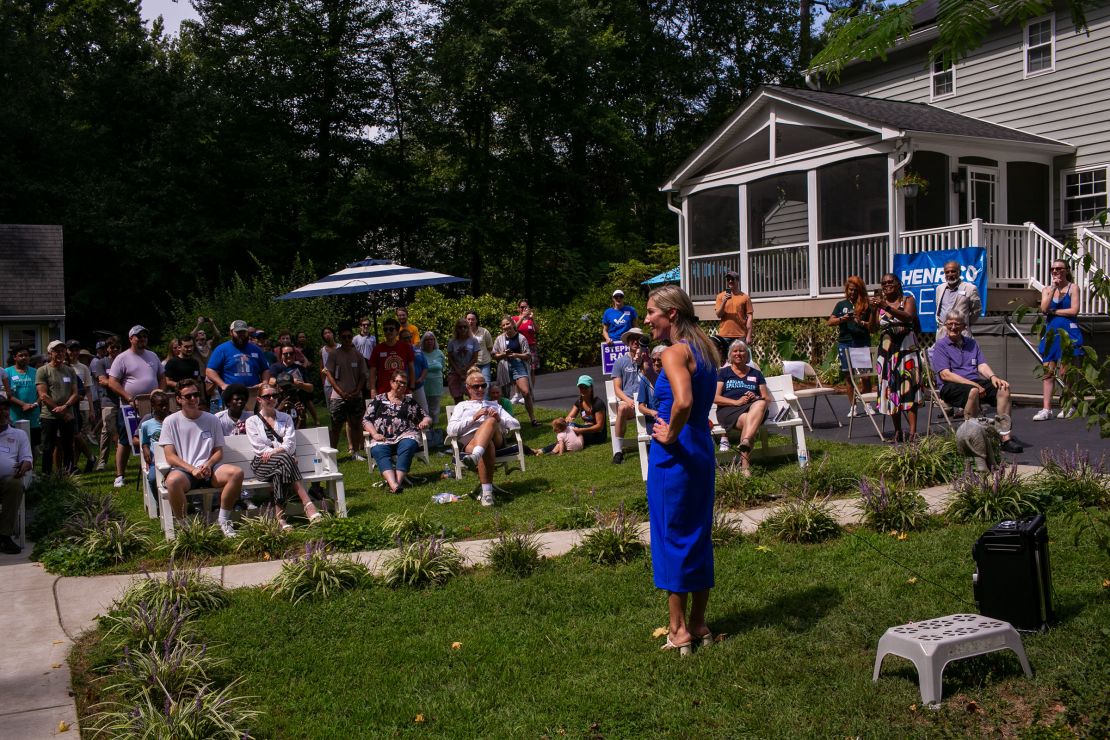 Susanna Gibson, the Democratic nominee for Virginia House District 57, speaks to the crowd during the rally in Glen Allen, Virginia, on September 9, 2023.