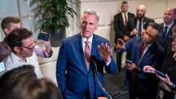 Speaker of the House Kevin McCarthy, R-Calif., talks to reporters about avoiding a government shutdown and launching an impeachment inquiry into President Joe Biden, following a closed-door meeting with fellow Republicans at the Capitol in Washington, Thursday, Sept. 14, 2023. (AP Photo/J. Scott Applewhite)