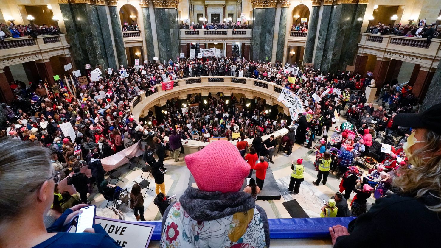 Protesters gather in the Wisconsin Capitol Rotunda during a march supporting overturning Wisconsin's abortion ban on January 22, 2023, in Madison, Wisconsin.