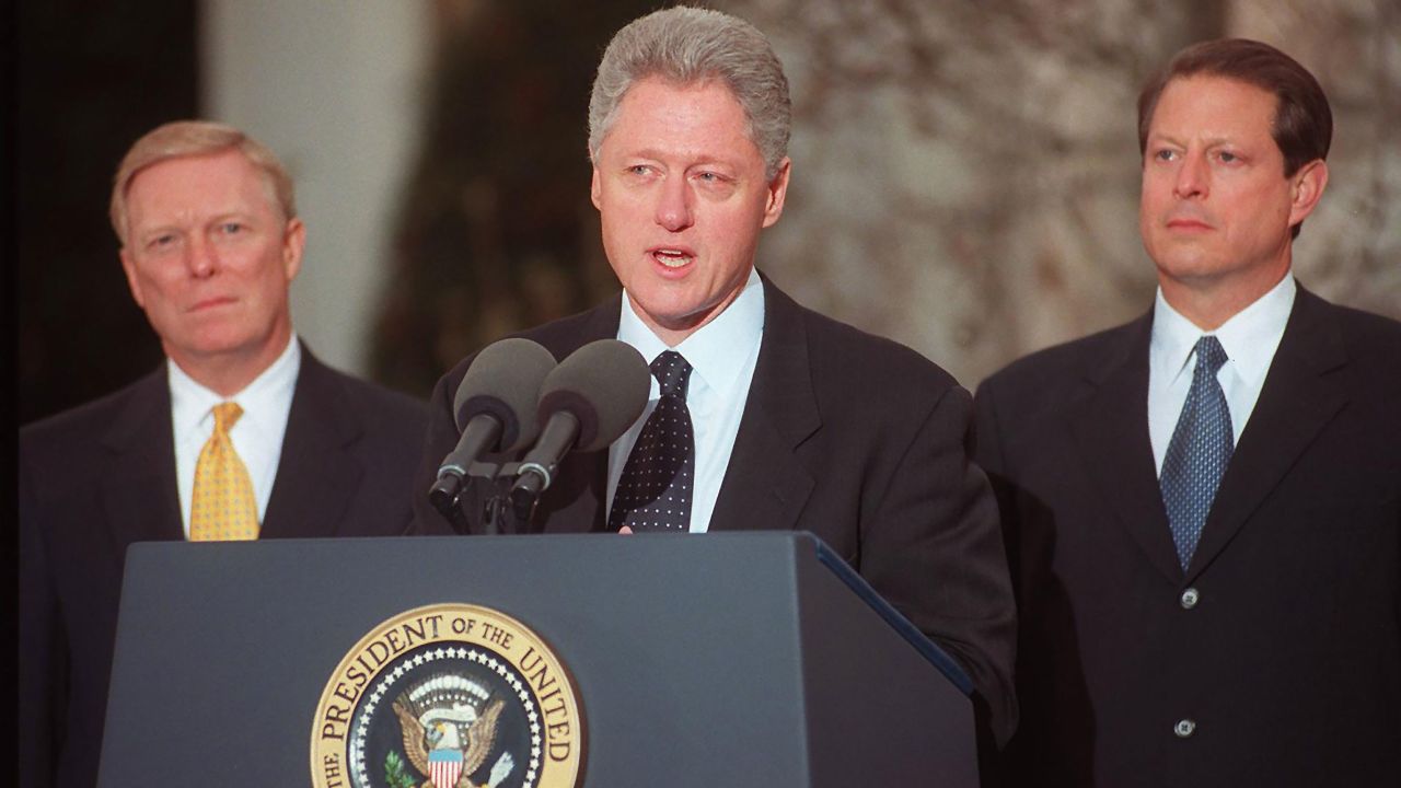In this December 19, 1998 photo, President Bill Clinton addresses the nation from the White House after the US House of Representatives impeached him on charges of perjury and obstruction of justice.