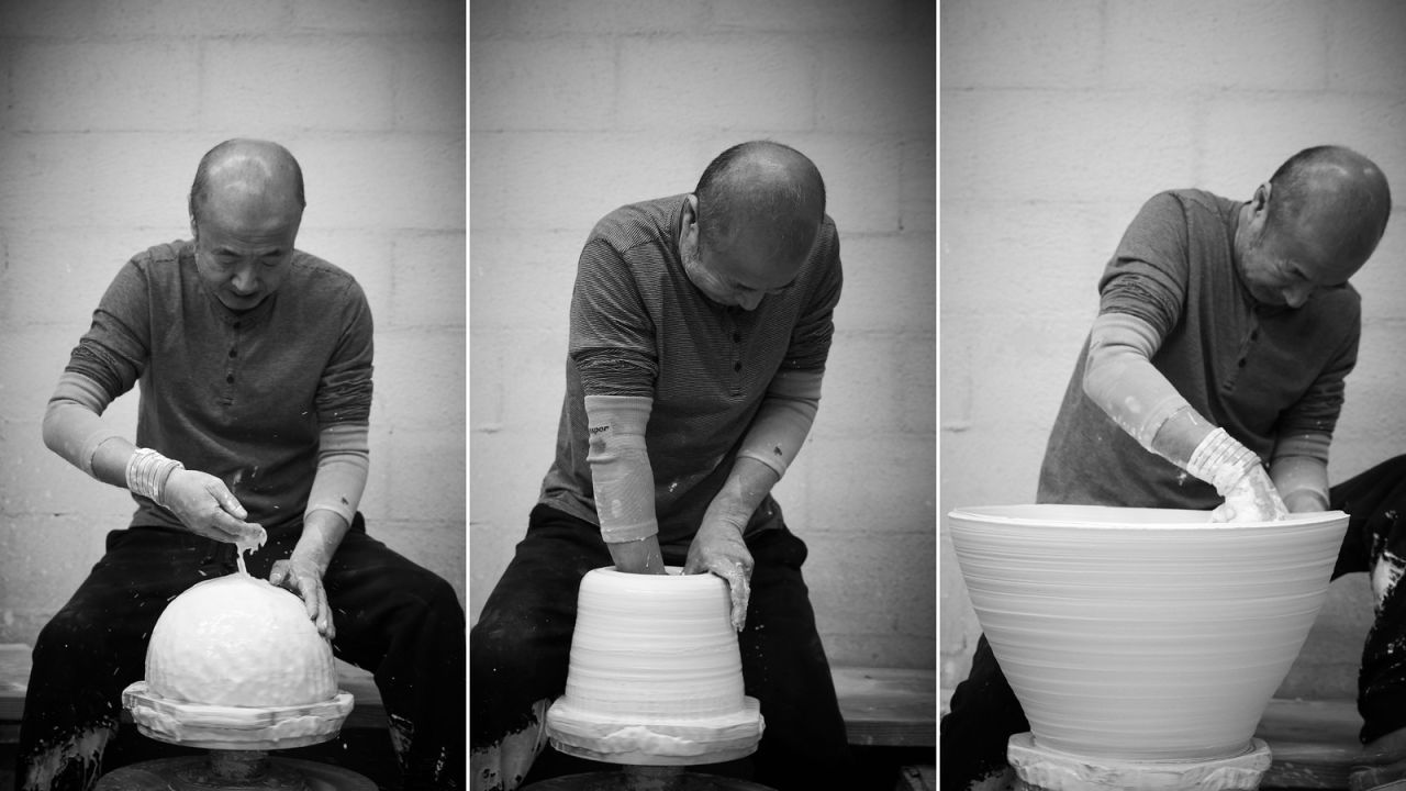 The process of making a moon jar: South Korean potter Kwon Dae Sup first pulls two large halves that are later joined together to create the pot's signature roundness. The jar has to be produced in two pieces or it's likely to collapse mid-throw.