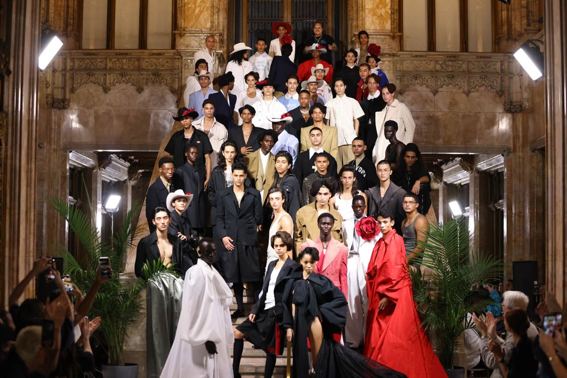 NEW YORK, NEW YORK - SEPTEMBER 13: Designer Willy Chavarria (Center Back Row) and models pose on the runway at the Willy Chavarria fashion show during New York Fashion Week - September 2023 at the Woolworth Building on September 13, 2023 in New York City.  (Photo by JP Yim/Getty Images)