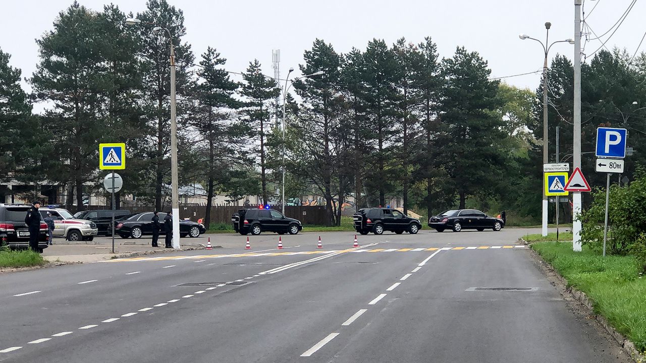 Kim Jong Un's motorcade leaves the Komsomolsk railway station.