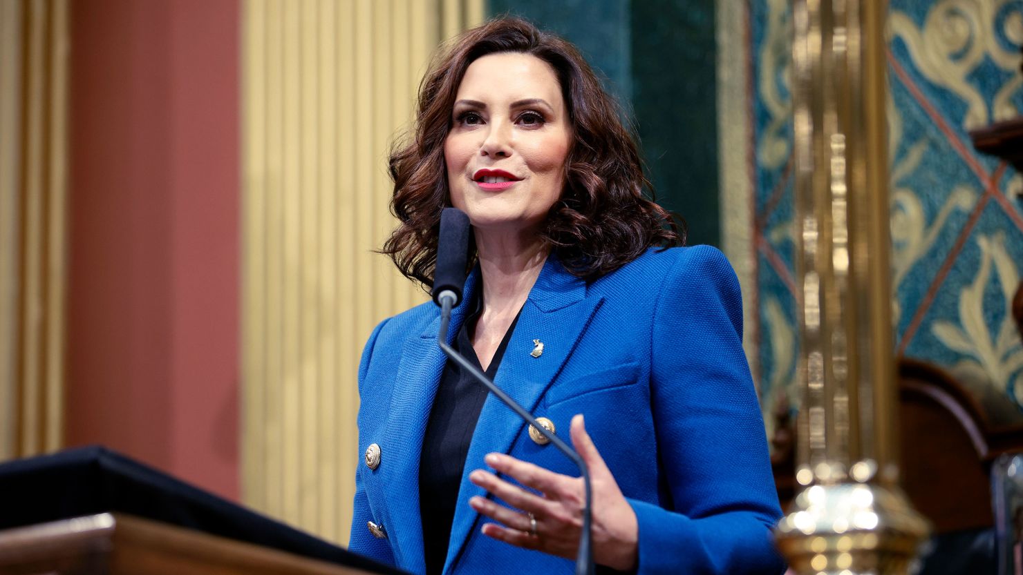 Michigan Gov. Gretchen Whitmer delivers her State of the State address to a joint session of the House and Senate, Jan. 25, 2023, at the state Capitol in Lansing, Michigan.