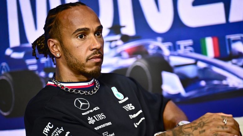 Mercedes' British driver Lewis Hamilton attends a press conference at the Monza Circuit ahead of the Italy's Formula One Grand Prix, in Monza northern Italy, on August 31,  2023. The 2023 Italy's Grand Prix will take place on September 3, 2023. (Photo by Marco BERTORELLO / AFP) (Photo by MARCO BERTORELLO/AFP via Getty Images)