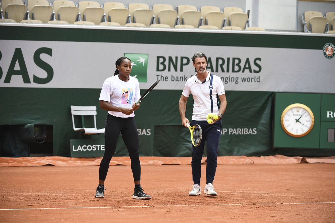 Coco Gauff and her coach Patrick Mouratoglou during a training session on Suzanne Lenglen court on tuesday mai 23, 2023. Roland Garros. Paris. France. PHOTO: CHRISTOPHE SAIDI / SIPA.//04SAIDICHRISTOPHE_0911071/Credit:CHRISTOPHE SAIDI/SIPA/2305240924 (Sipa via AP Images)