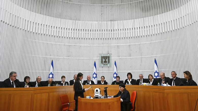 All 15 of Israel's Supreme Court justices appear for the first time in the country's history to look at the legality of Prime Minister Benjamin Netanyahu's contentious judicial overhaul, which the government pushed through parliament in July, in Jerusalem, on September 12.