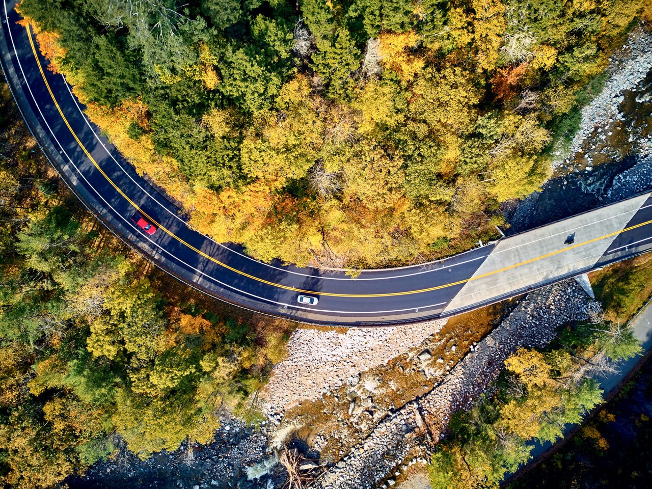 The winding highway of the scenic Mohawk Trail in autumn in Massachusetts, USA. Autumn in New England. Drone aerial photography.