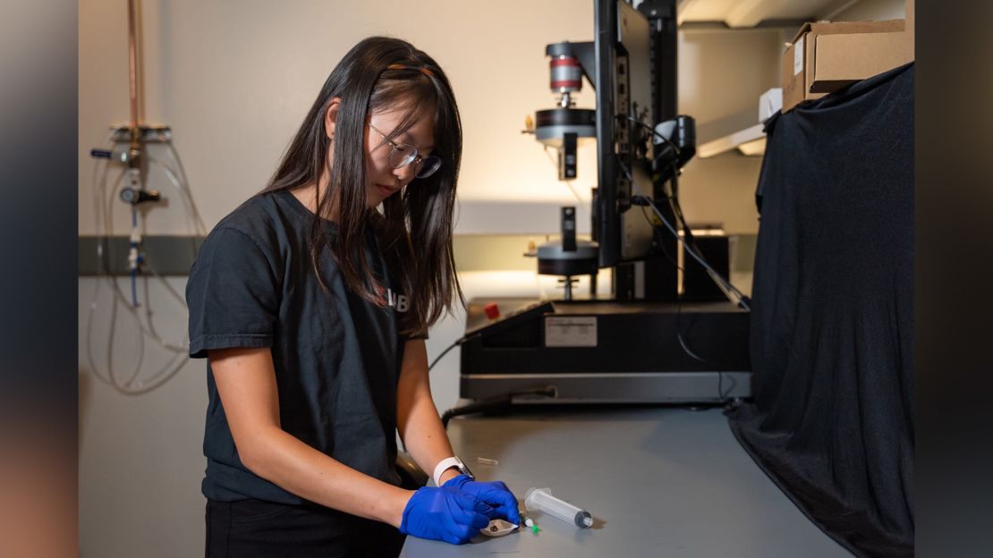 Rice University graduate student Faye Yap with a dead wolf spider for use as a necrobotic gripper. 