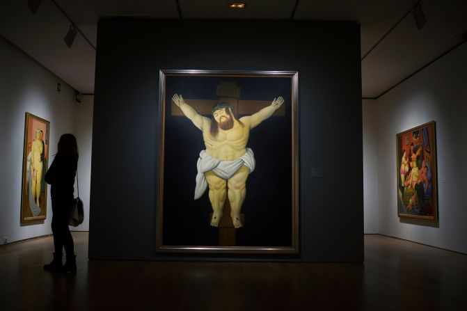 Botero's painting "Christ Crucified" on display during a 2012 retrospective of his work at the Museo de Bellas Artes in Bilbao, Spain. The exhibition, titled "Celebration," featured some 80 works by the Colombian artist spanning 60 years of his practise. 