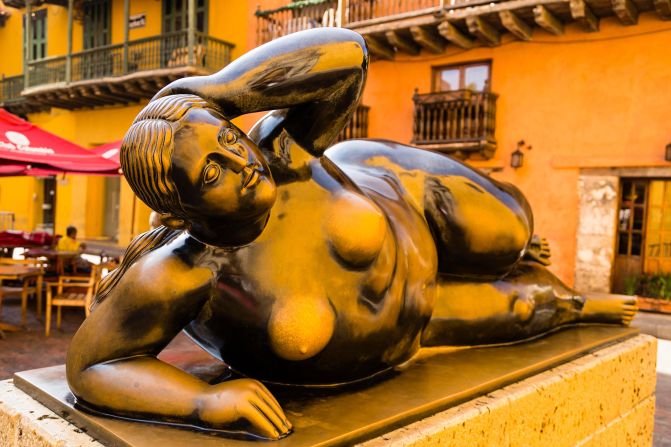 "La Gorda Gertrudis," a Botero sculpture depicting a reclining nude woman, on display in Cartagena, Colombia. According to local legend, touching the sculpture brings good luck.