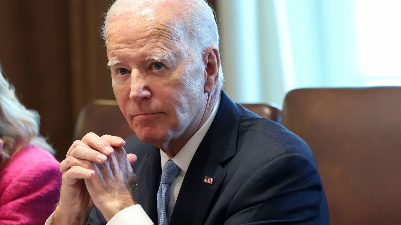 US President Joe Biden listens to shouted questions regarding impeachment during a meeting of his Cancer Cabinet at the White House on September 13, 2023 in Washington, DC.