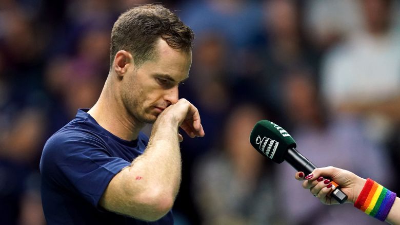 Great Britain's Andy Murray is interviewed on court after beating Switzerland's Leandro Riedi (not pictured) during the Davis Cup group stage match at the AO Arena, Manchester. Picture date: Friday September 15, 2023. 73734675 (Press Association via AP Images)
