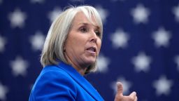 New Mexico Gov. Michelle Lujan Grisham speaks at the Arcosa Wind Towers on August 9, 2023.