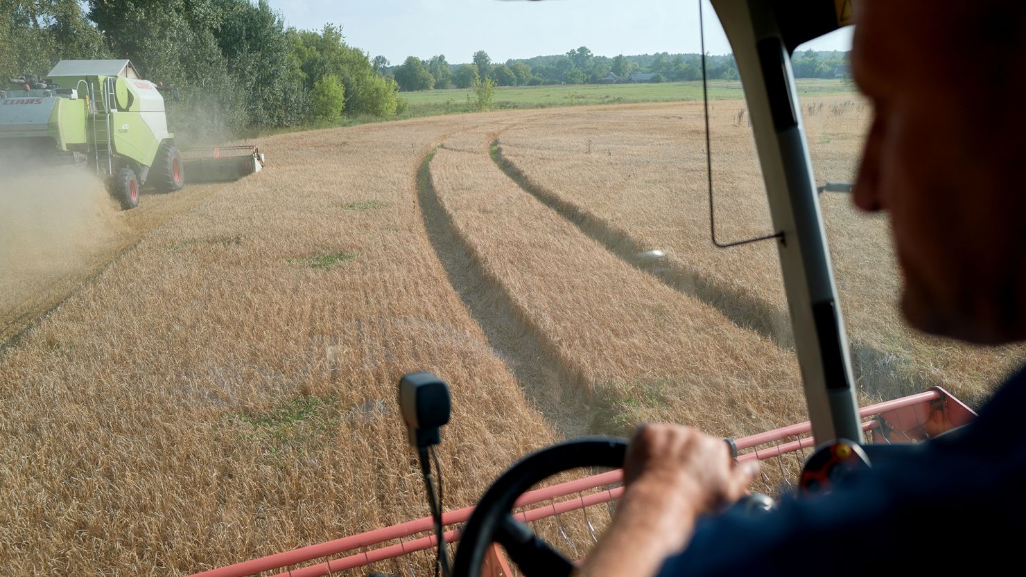 Workers harvest a field of barley near the border with Russia in the Chernihiv region of Ukraine on August 30, 2023. 