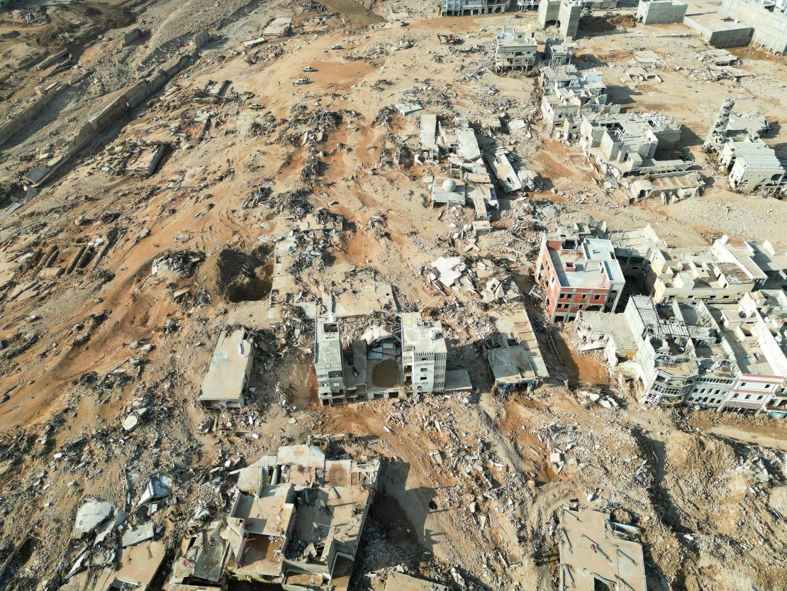 An aerial view of destroyed houses in Derna after a powerful storm and heavy rainfall hit Libya, September 16, 2023.