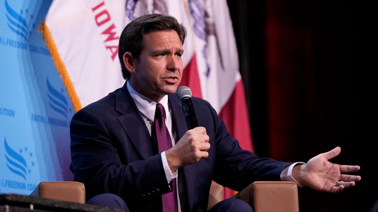 Florida Gov. Ron DeSantis, who is running for the Republican nomination for president, speaks at the Iowa Faith and Freedom Coalition's fall banquet on September 16, 2023, in Des Moines, Iowa. 