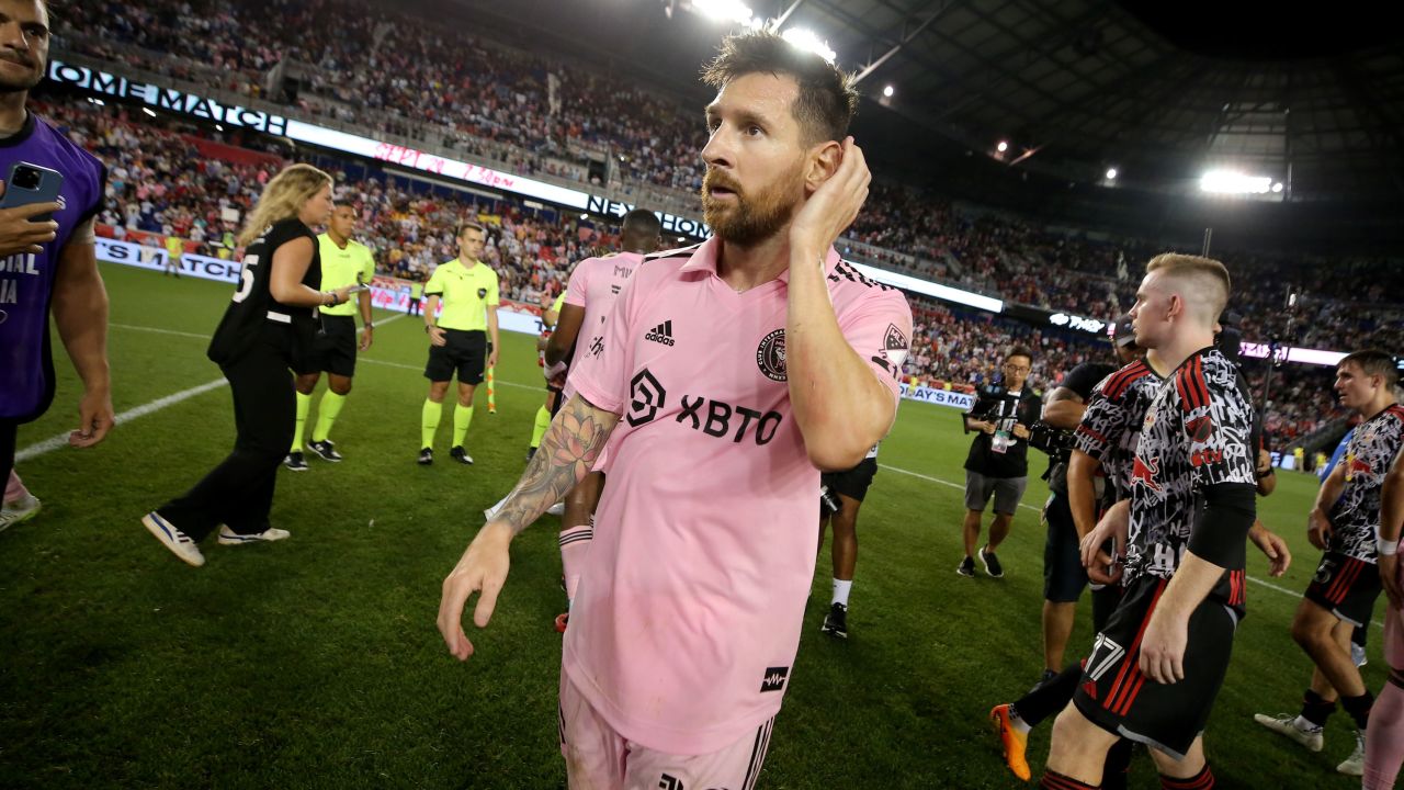 Aug 26, 2023; Harrison, New Jersey, USA; Inter Miami CF forward Lionel Messi (10) walks off the pitch after a match against the New York Red Bulls at Red Bull Arena. Mandatory Credit: Brad Penner-USA TODAY Sports