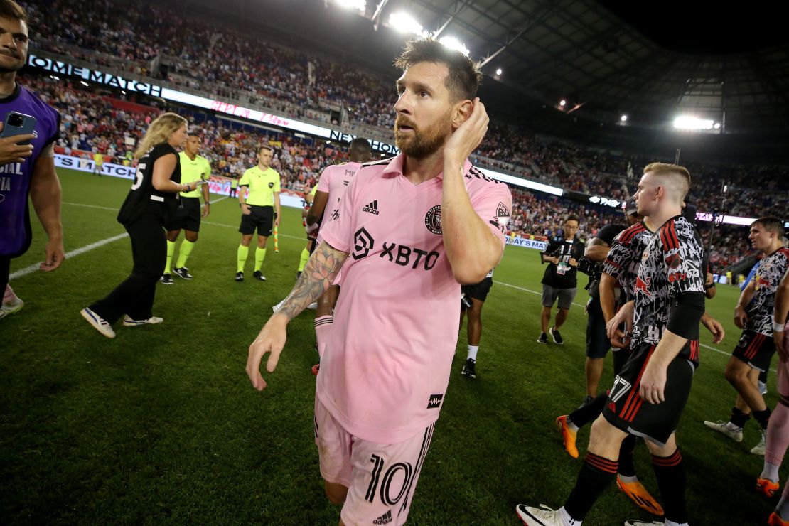 Aug 26, 2023; Harrison, New Jersey, USA; Inter Miami CF forward Lionel Messi (10) walks off the pitch after a match against the New York Red Bulls at Red Bull Arena. Mandatory Credit: Brad Penner-USA TODAY Sports