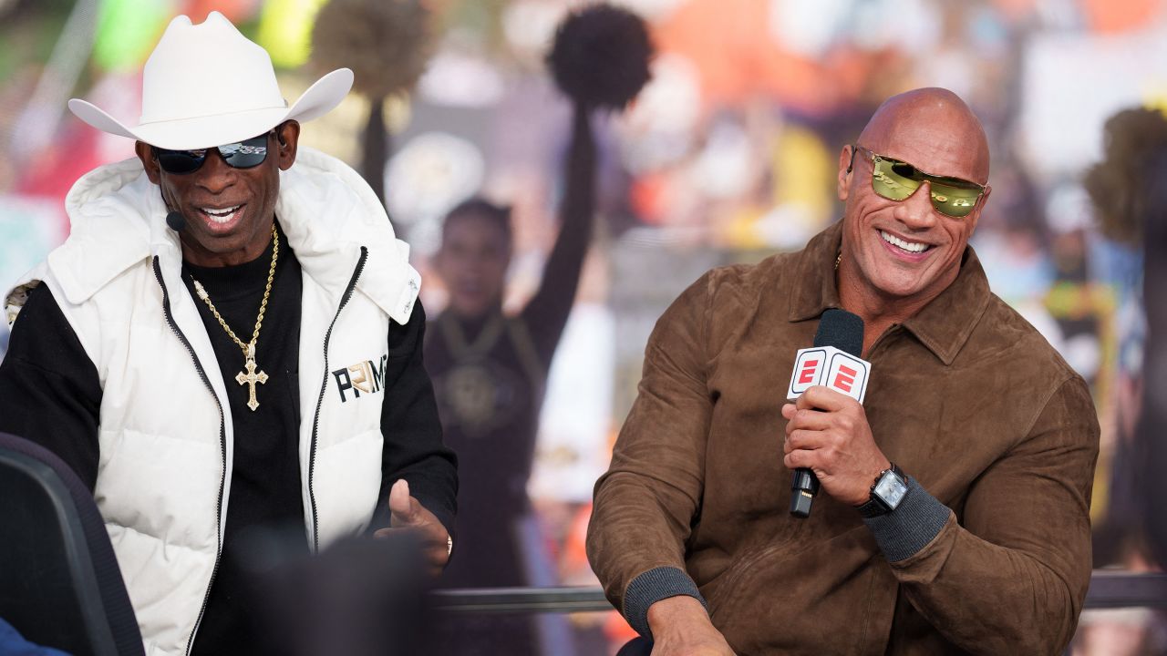 Sep 16, 2023; Boulder, Colorado, USA; Colorado Buffaloes head coach Deion Sanders and celebrity guest picker Dwayne Johnson on the set of ESPN College GameDay prior to the game between the Colorado Buffaloes and the Colorado State Rams at Folsom Field.
