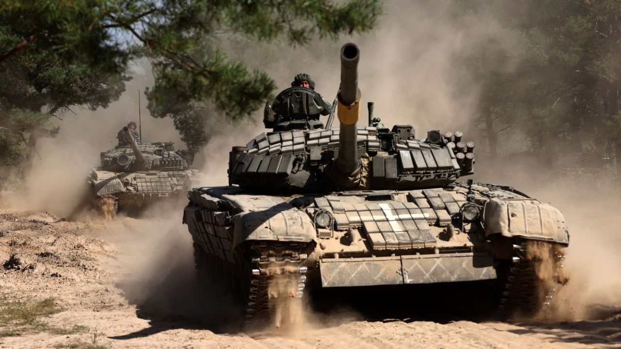 Ukrainian tanks train in the Chernihiv region on September 8, 2023, amid the Russian invasion of Ukraine.