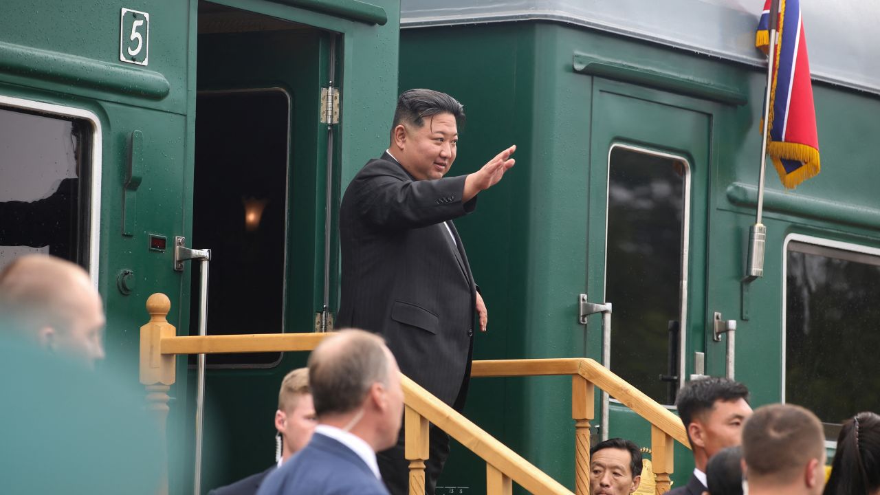 North Korean leader Kim Jong Un waves as he boards his train at a railway station in the town of Artyom outside Vladivostok in the Primorsky region, Russia, September 17, 2023.